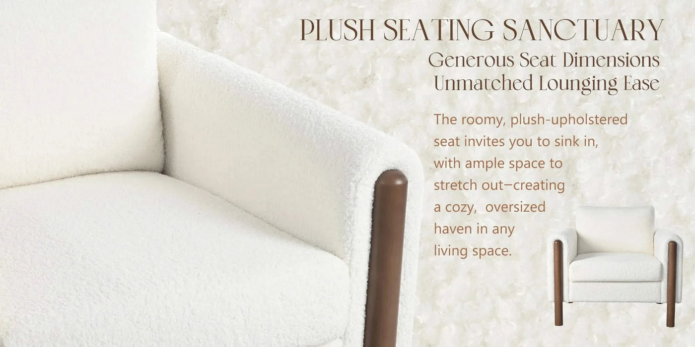 Oversized Accent Chair, Upholstered Living Room Chairs Single Sofa Chair with Walnut Legs, Curved handrail, White Default -DTYStore