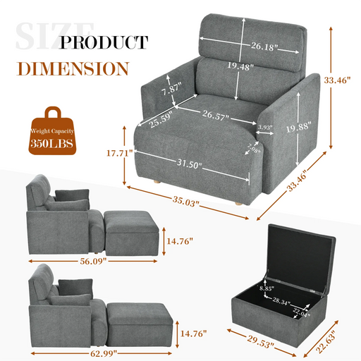 Oversized Chair w/Storage Ottoman, Wide Accent Armchair Chair for Living Room, Modern Lounge Chair, Upholstered Mid-Century Reading Chair, Comfy Living Room Chair, Deep Seat Sofa Couch(Dark Gray) Default -DTYStore
