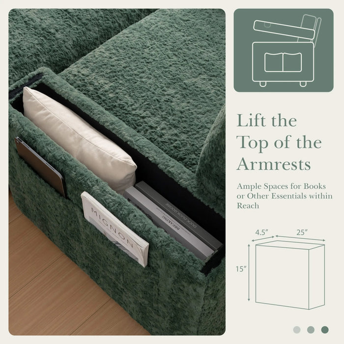 Oversized Chaise Lounge with Storage Ottoman and Cup Holders, Faux Rabbit Fur Upholstered Sleeper Chair, Deep Seat Sofa Bed - 42' Indoor Furniture, 4 Colors Default -DTYStore