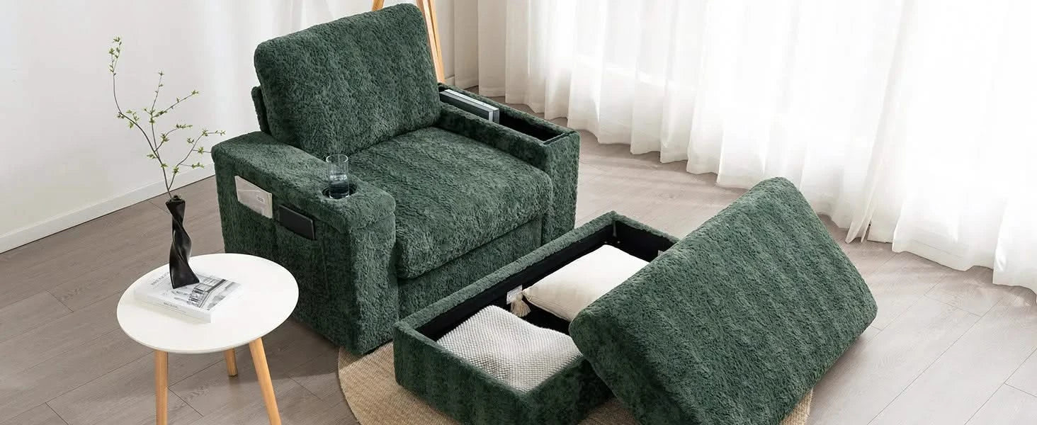 Oversized Chaise Lounge with Storage Ottoman and Cup Holders, Faux Rabbit Fur Upholstered Sleeper Chair, Deep Seat Sofa Bed - 42' Indoor Furniture, 4 Colors Default -DTYStore