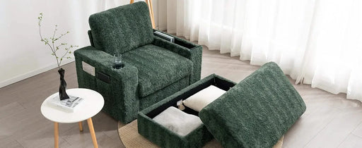 Oversized Chaise Lounge with Storage Ottoman and Cup Holders, Faux Rabbit Fur Upholstered Sleeper Chair, Deep Seat Sofa Bed - 42' Indoor Furniture, 4 Colors Default -DTYStore