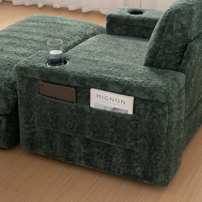 Oversized Chaise Lounge with Storage Ottoman and Cup Holders, Faux Rabbit Fur Upholstered Sleeper Chair, Deep Seat Sofa Bed - 42' Indoor Furniture, 4 Colors Default -DTYStore