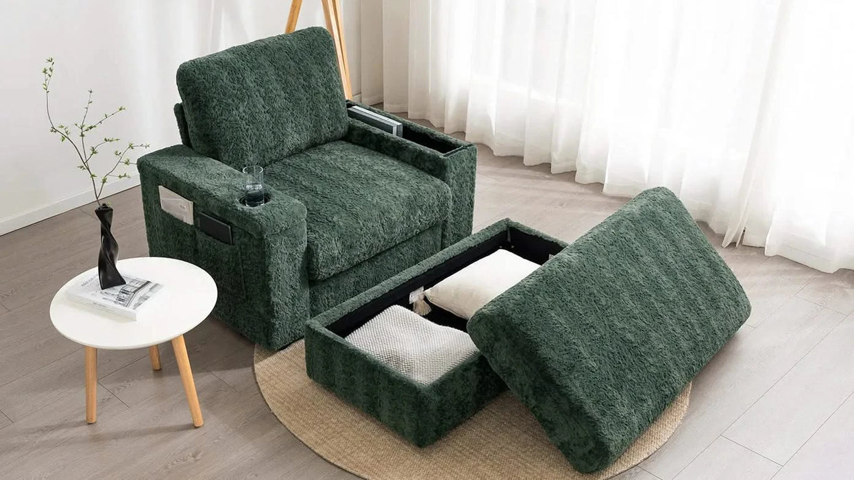 Oversized Chaise Lounge with Storage Ottoman and Cup Holders, Faux Rabbit Fur Upholstered Sleeper Chair, Deep Seat Sofa Bed - 42' Indoor Furniture, 4 Colors Default -DTYStore