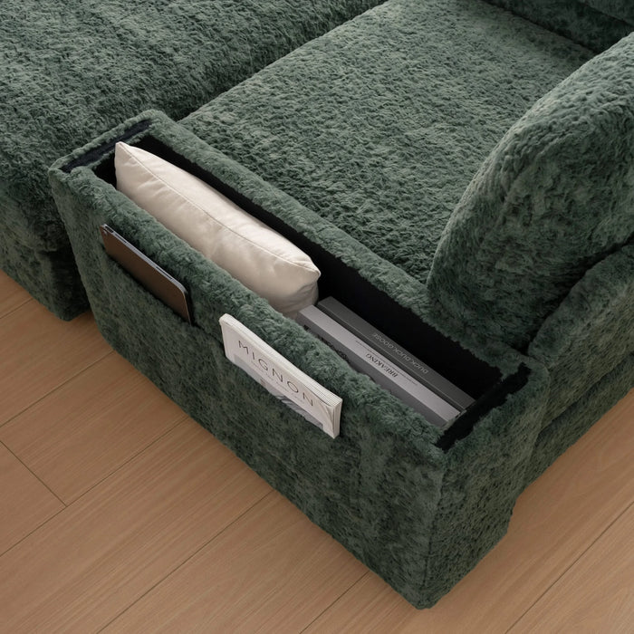 Oversized Chaise Lounge with Storage Ottoman and Cup Holders, Faux Rabbit Fur Upholstered Sleeper Chair, Deep Seat Sofa Bed - 42' Indoor Furniture, 4 Colors Default -DTYStore