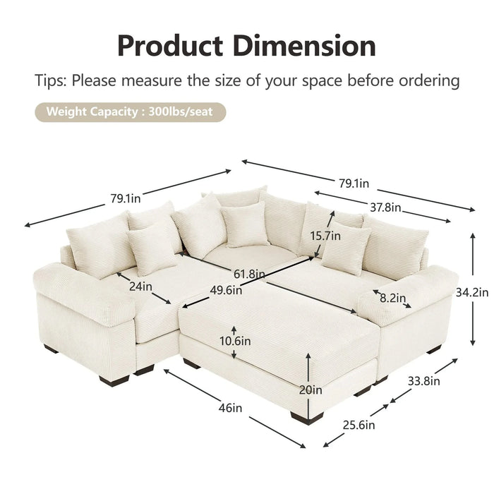 Oversized Cloud Modular Sectional Couch,Convertible Sectional Couches , Extra-Thick Armrests With Chaise,Soft Corduroy Fabric,Ergonomic Design, Easy Assembly,For Living Rooms Reading Rooms,Cream Default -DTYStore