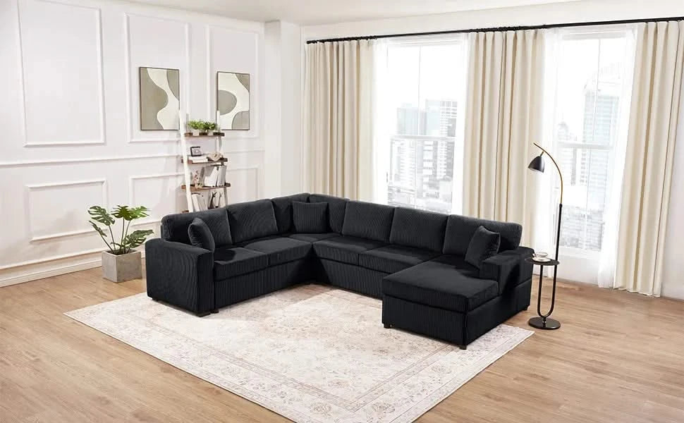 Oversized Sectional Sofa 115.3' U-Shaped Sofa with Chaise Lounge and Three Soft Throw Pillows, Black Corduroy Fabric Default -DTYStore