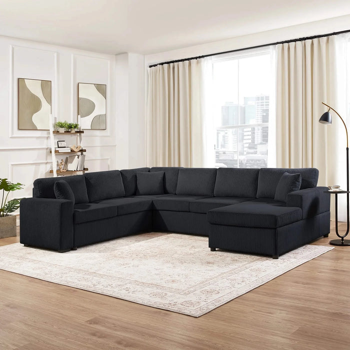 Oversized Sectional Sofa 115.3' U-Shaped Sofa with Chaise Lounge and Three Soft Throw Pillows, Black Corduroy Fabric Default -DTYStore