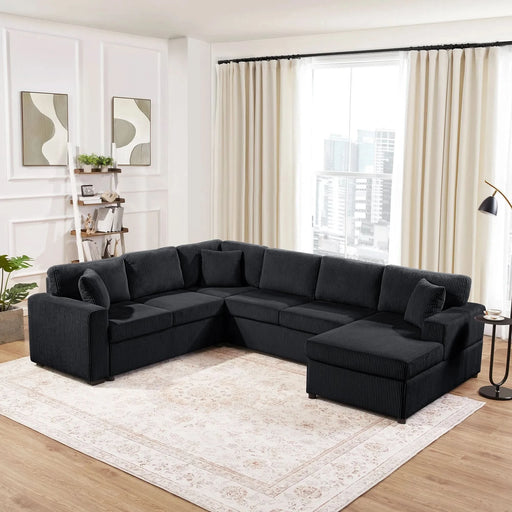 Oversized Sectional Sofa 115.3' U-Shaped Sofa with Chaise Lounge and Three Soft Throw Pillows, Black Corduroy Fabric Default -DTYStore
