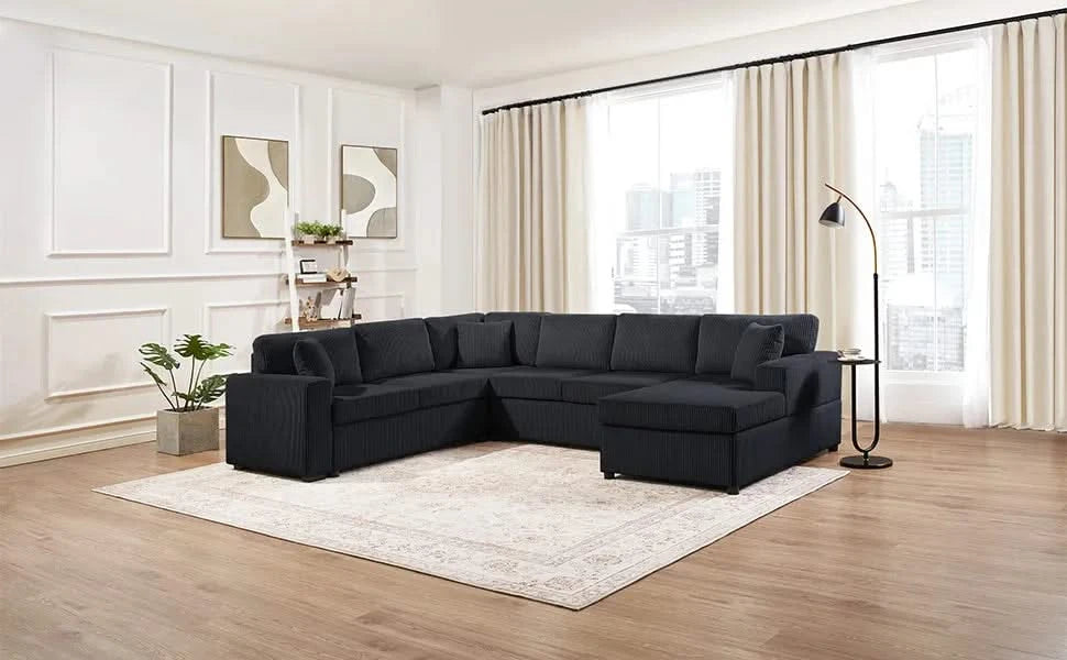 Oversized Sectional Sofa 115.3' U-Shaped Sofa with Chaise Lounge and Three Soft Throw Pillows, Black Corduroy Fabric Default -DTYStore