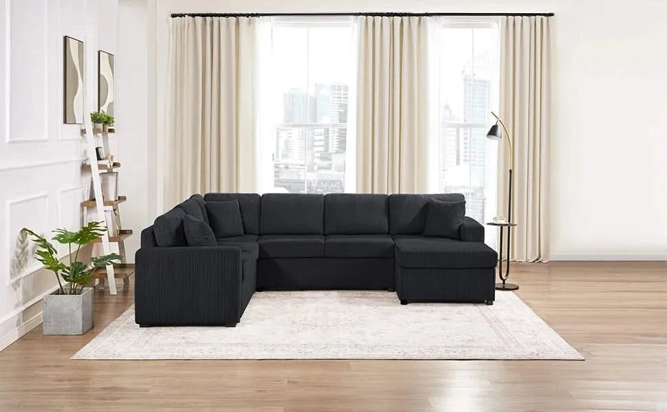 Oversized Sectional Sofa 115.3' U-Shaped Sofa with Chaise Lounge and Three Soft Throw Pillows, Black Corduroy Fabric Default -DTYStore