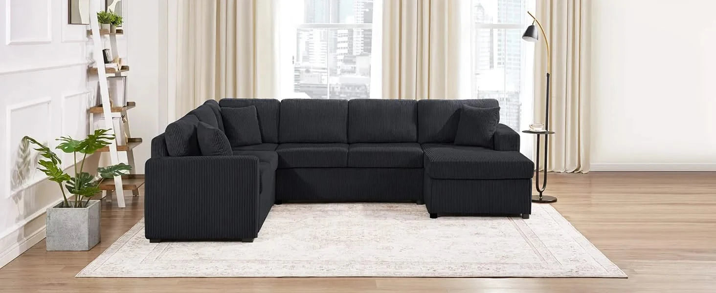 Oversized Sectional Sofa 115.3' U-Shaped Sofa with Chaise Lounge and Three Soft Throw Pillows, Black Corduroy Fabric Default -DTYStore