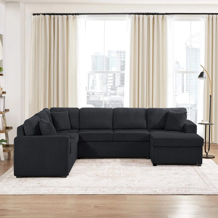 Oversized Sectional Sofa 115.3' U-Shaped Sofa with Chaise Lounge and Three Soft Throw Pillows, Black Corduroy Fabric Default -DTYStore