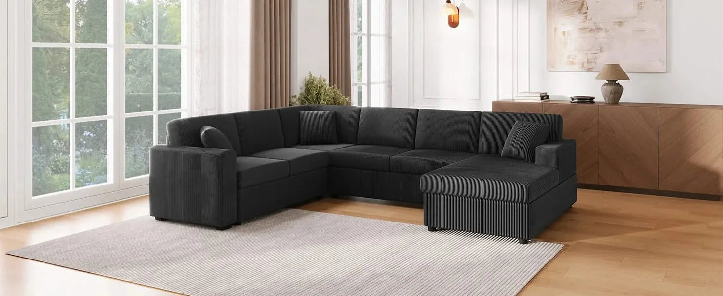 Oversized Sectional Sofa 115.3' U-Shaped Sofa with Chaise Lounge and Three Soft Throw Pillows, Black Corduroy Fabric Default -DTYStore
