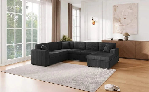 Oversized Sectional Sofa 115.3' U-Shaped Sofa with Chaise Lounge and Three Soft Throw Pillows, Black Corduroy Fabric Default -DTYStore