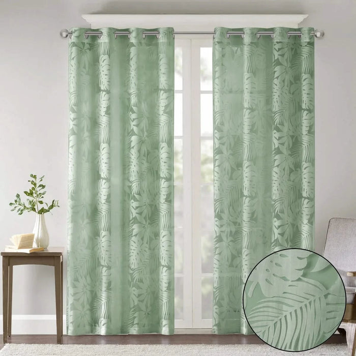 Palm Leaf Burnout Window Sheer Sage Green 50x95' Default -DTYStore