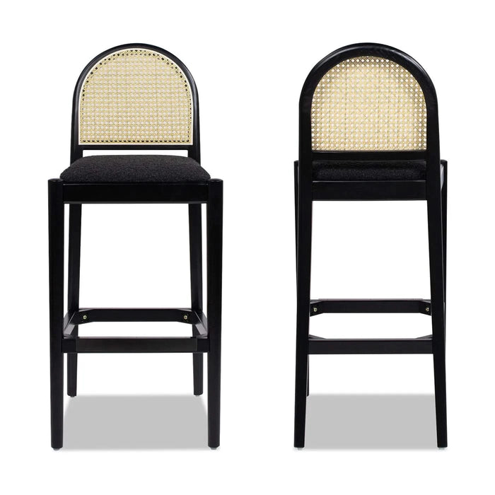 Panama 30.5' Curved Back Cane Rattan Bar Stool, Set of 2, Ebony Black Boucle Default -DTYStore