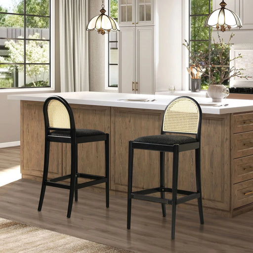 Panama 30.5' Curved Back Cane Rattan Bar Stool, Set of 2, Ebony Black Boucle Default -DTYStore