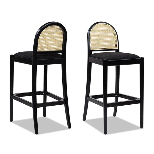 Panama 30.5' Curved Back Cane Rattan Bar Stool, Set of 2, Ebony Black Boucle Default -DTYStore