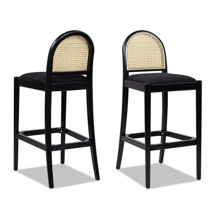 Panama 30.5' Curved Back Cane Rattan Bar Stool, Set of 2, Ebony Black Boucle Default -DTYStore