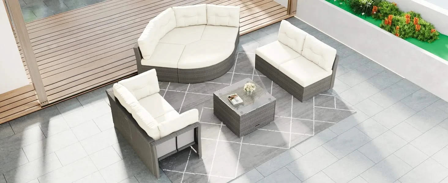 Patio Furniture Set Outdoor Daybed Rattan Sectional with Cushions and Center Table, Beige, Iron & Rattan, Multiple Sizes Default -DTYStore