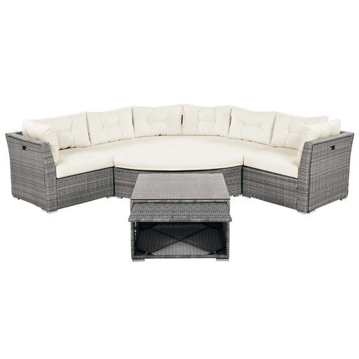 Patio Furniture Set Outdoor Daybed Rattan Sectional with Cushions and Center Table, Beige, Iron & Rattan, Multiple Sizes Default -DTYStore