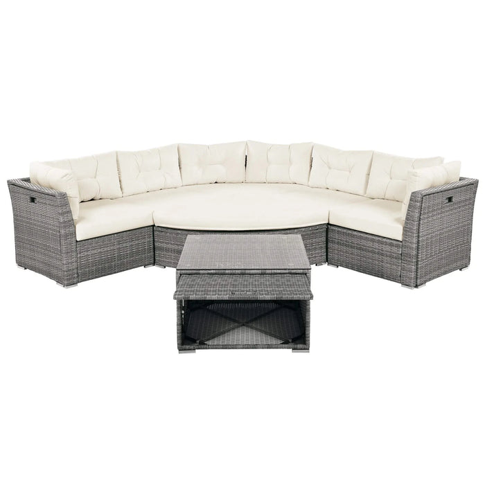 Patio Furniture Set Outdoor Daybed Rattan Sectional with Cushions and Center Table, Beige, Iron & Rattan, Multiple Sizes Default -DTYStore