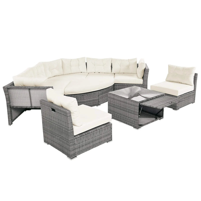 Patio Furniture Set Outdoor Daybed Rattan Sectional with Cushions and Center Table, Beige, Iron & Rattan, Multiple Sizes Default -DTYStore