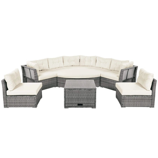 Patio Furniture Set Outdoor Daybed Rattan Sectional with Cushions and Center Table, Beige, Iron & Rattan, Multiple Sizes Default -DTYStore
