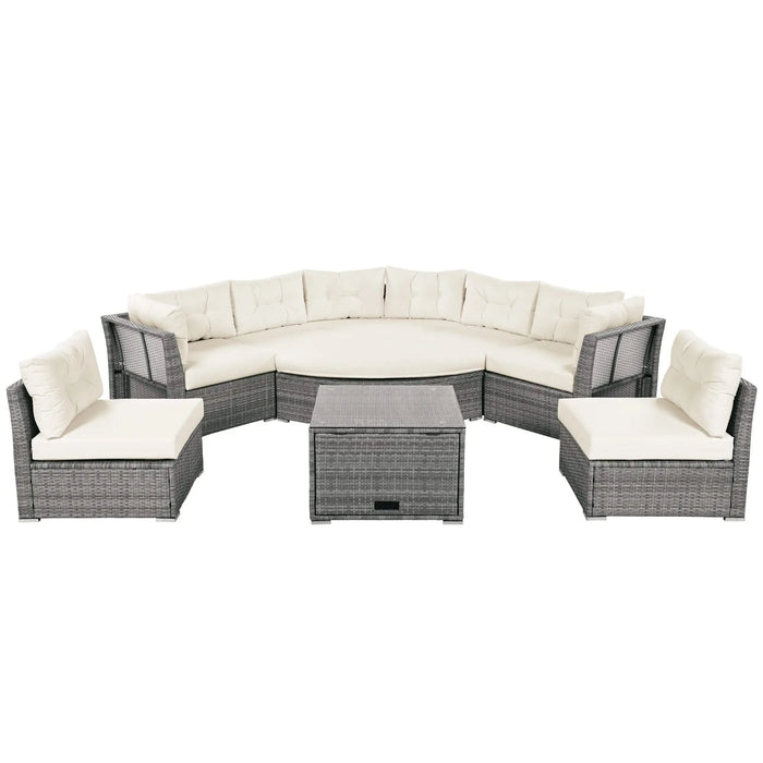 Patio Furniture Set Outdoor Daybed Rattan Sectional with Cushions and Center Table, Beige, Iron & Rattan, Multiple Sizes Default -DTYStore