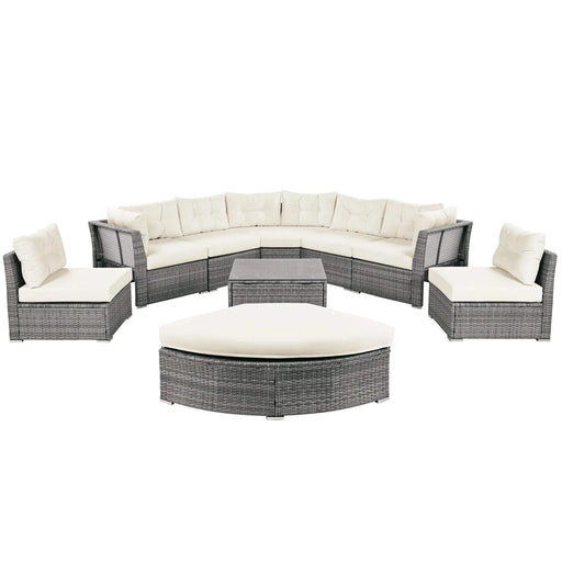 Patio Furniture Set Outdoor Daybed Rattan Sectional with Cushions and Center Table, Beige, Iron & Rattan, Multiple Sizes Default -DTYStore