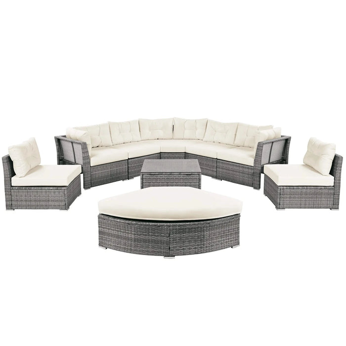 Patio Furniture Set Outdoor Daybed Rattan Sectional with Cushions and Center Table, Beige, Iron & Rattan, Multiple Sizes Default -DTYStore