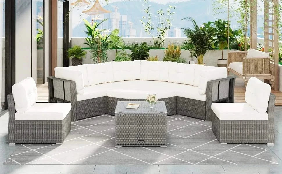 Patio Furniture Set Outdoor Daybed Rattan Sectional with Cushions and Center Table, Beige, Iron & Rattan, Multiple Sizes Default -DTYStore