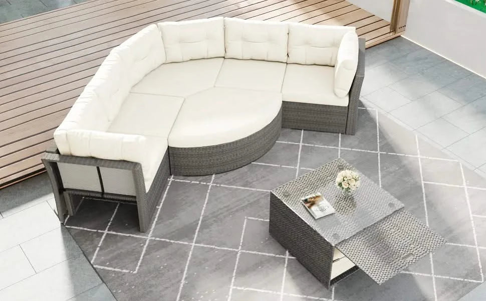 Patio Furniture Set Outdoor Daybed Rattan Sectional with Cushions and Center Table, Beige, Iron & Rattan, Multiple Sizes Default -DTYStore