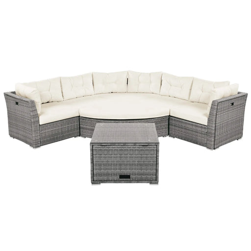 Patio Furniture Set Outdoor Daybed Rattan Sectional with Cushions and Center Table, Beige, Iron & Rattan, Multiple Sizes Default -DTYStore