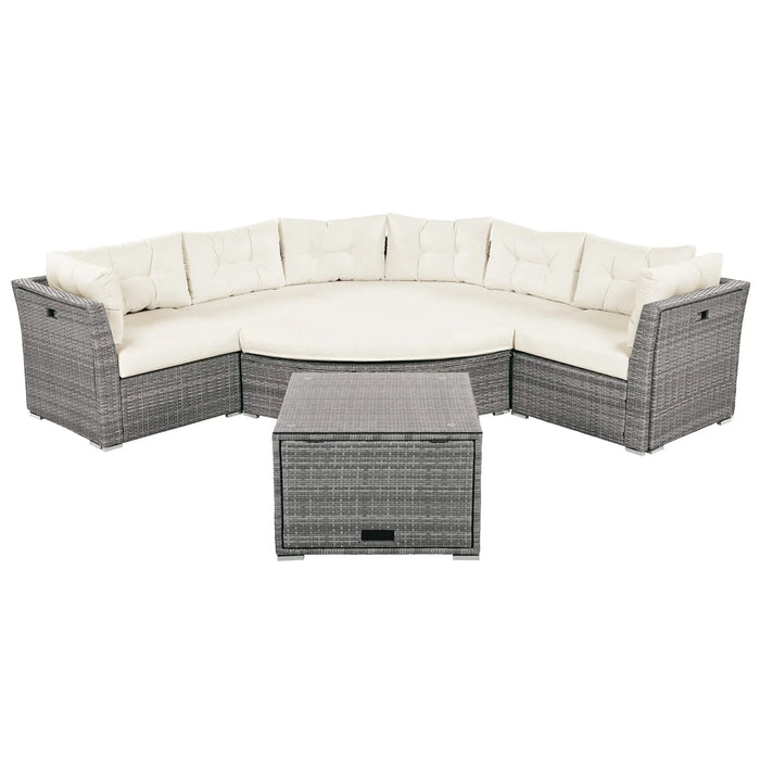 Patio Furniture Set Outdoor Daybed Rattan Sectional with Cushions and Center Table, Beige, Iron & Rattan, Multiple Sizes Default -DTYStore