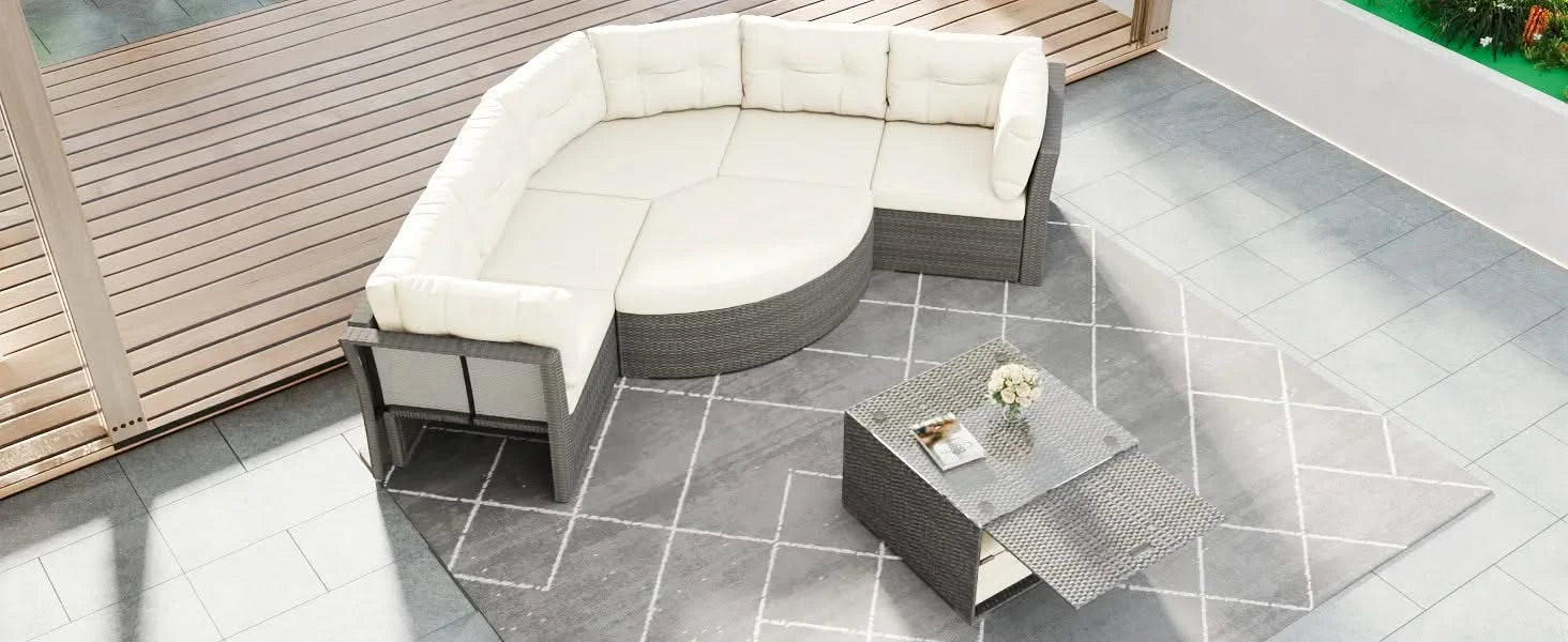 Patio Furniture Set Outdoor Daybed Rattan Sectional with Cushions and Center Table, Beige, Iron & Rattan, Multiple Sizes Default -DTYStore
