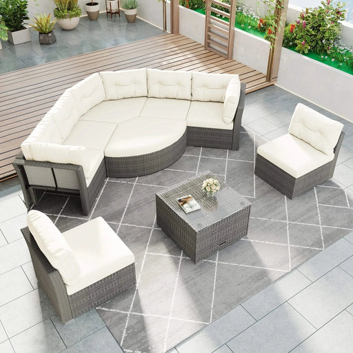 Patio Furniture Set Outdoor Daybed Rattan Sectional with Cushions and Center Table, Beige, Iron & Rattan, Multiple Sizes Default -DTYStore