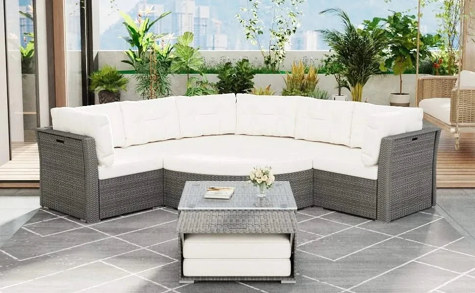 Patio Furniture Set Outdoor Daybed Rattan Sectional with Cushions and Center Table, Beige, Iron & Rattan, Multiple Sizes Default -DTYStore