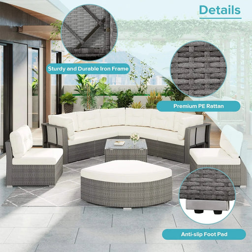 Patio Furniture Set Outdoor Daybed Rattan Sectional with Cushions and Center Table, Beige, Iron & Rattan, Multiple Sizes Default -DTYStore