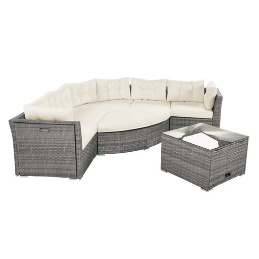 Patio Furniture Set Outdoor Daybed Rattan Sectional with Cushions and Center Table, Beige, Iron & Rattan, Multiple Sizes Default -DTYStore
