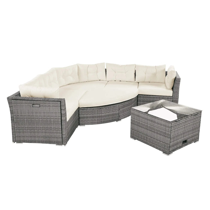 Patio Furniture Set Outdoor Daybed Rattan Sectional with Cushions and Center Table, Beige, Iron & Rattan, Multiple Sizes Default -DTYStore