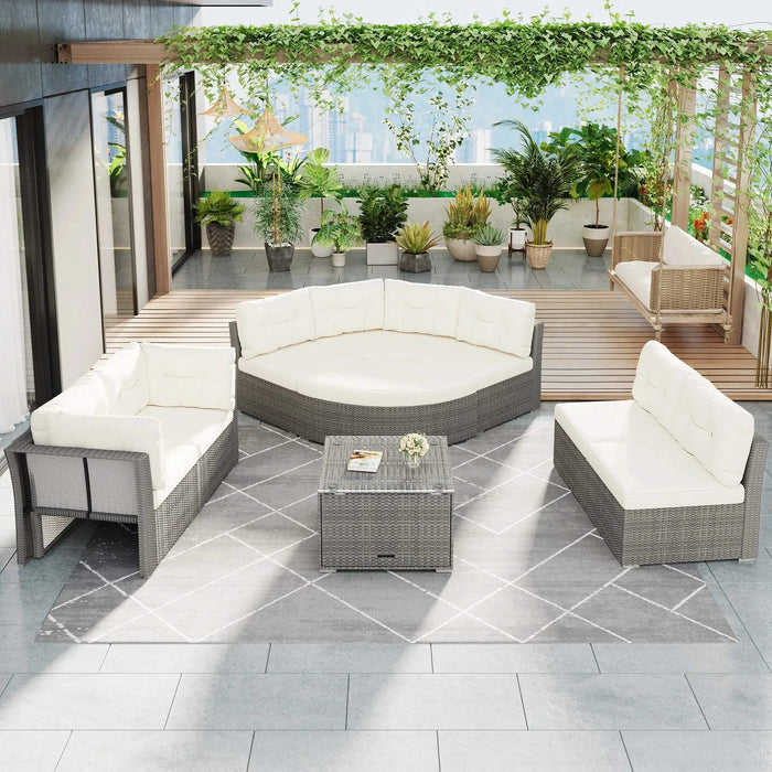 Patio Furniture Set Outdoor Daybed Rattan Sectional with Cushions and Center Table, Beige, Iron & Rattan, Multiple Sizes Default -DTYStore