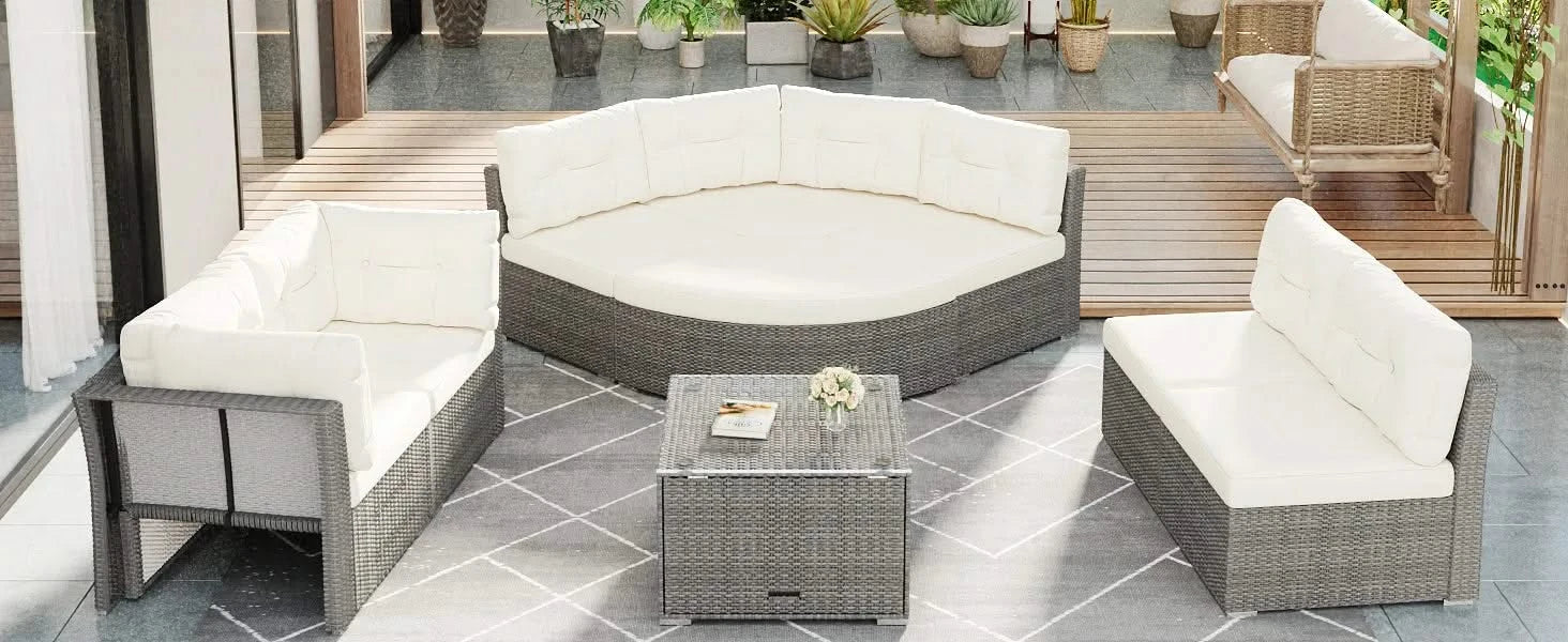 Patio Furniture Set Outdoor Daybed Rattan Sectional with Cushions and Center Table, Beige, Iron & Rattan, Multiple Sizes Default -DTYStore