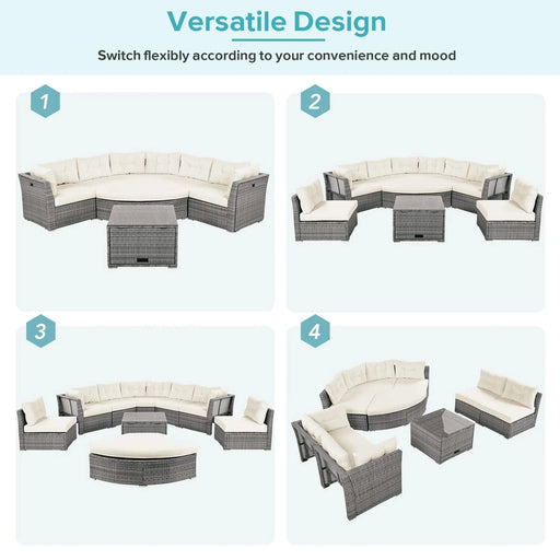 Patio Furniture Set Outdoor Daybed Rattan Sectional with Cushions and Center Table, Beige, Iron & Rattan, Multiple Sizes Default -DTYStore