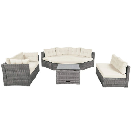 Patio Furniture Set Outdoor Daybed Rattan Sectional with Cushions and Center Table, Beige, Iron & Rattan, Multiple Sizes Default -DTYStore