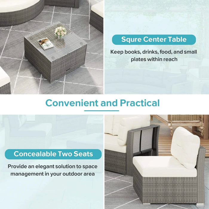 Patio Furniture Set Outdoor Daybed Rattan Sectional with Cushions and Center Table, Beige, Iron & Rattan, Multiple Sizes Default -DTYStore