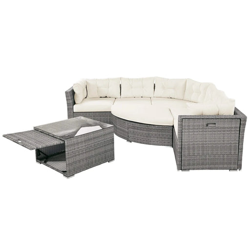 Patio Furniture Set Outdoor Daybed Rattan Sectional with Cushions and Center Table, Beige, Iron & Rattan, Multiple Sizes Default -DTYStore