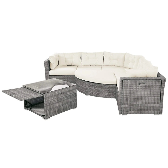 Patio Furniture Set Outdoor Daybed Rattan Sectional with Cushions and Center Table, Beige, Iron & Rattan, Multiple Sizes Default -DTYStore
