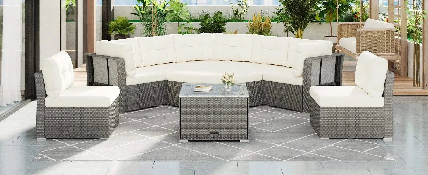 Patio Furniture Set Outdoor Daybed Rattan Sectional with Cushions and Center Table, Beige, Iron & Rattan, Multiple Sizes Default -DTYStore