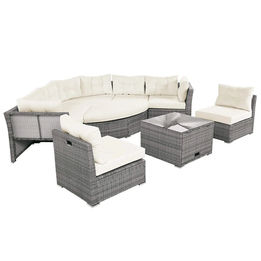 Patio Furniture Set Outdoor Daybed Rattan Sectional with Cushions and Center Table, Beige, Iron & Rattan, Multiple Sizes Default -DTYStore
